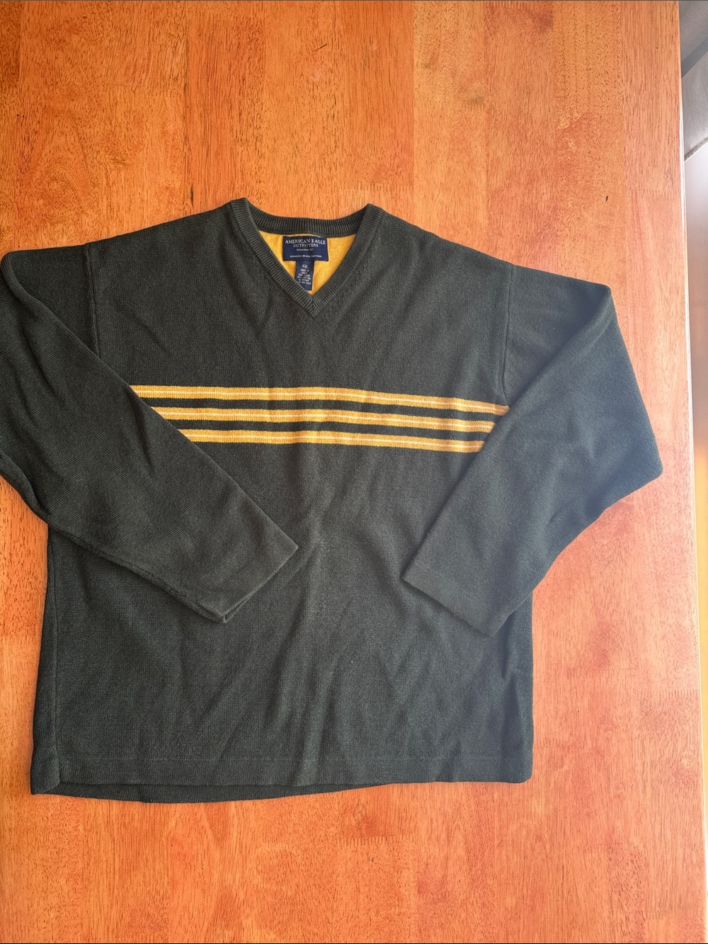 Men's XXL American Eagle Dark Green V-Neck Sweater with Yellow Stripe